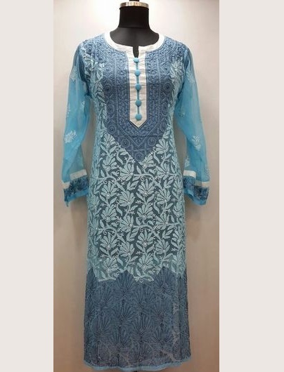 Stylish Blue Kurta For Party With Chikan Embroidery