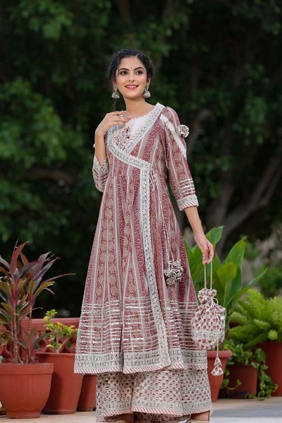 Stylish Gota Work Vertical Stripe Angrakha For Party Wear