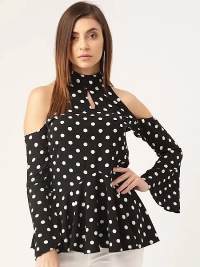 Stylish Polka Dotted Halter Style Cold Shoulder Top