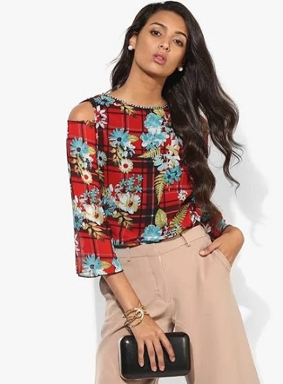 Stylish Printed Boat Neckline Cold Shoulder Top