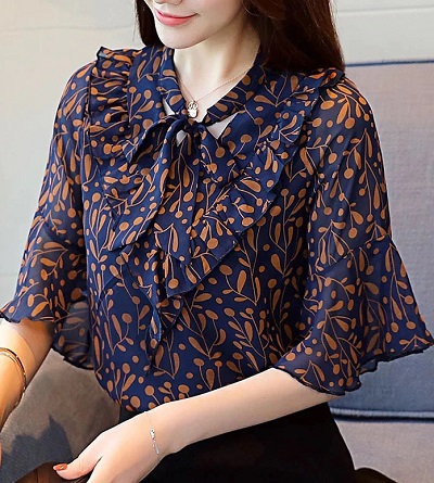 Stylish flutter sleeve chiffon printed top with bow