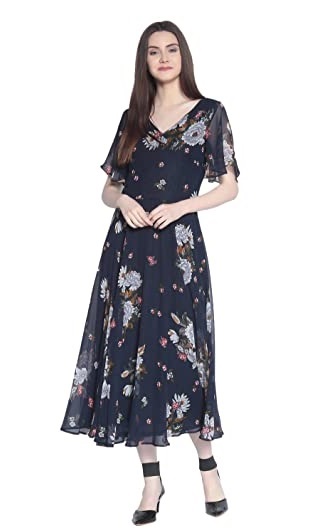 V Neckline Georgette Printed Long Frock Dress