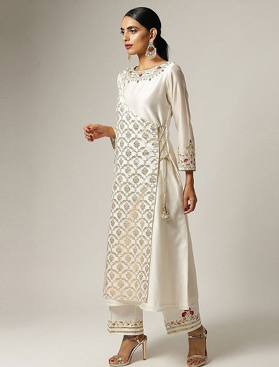 White And Gold Angrakha Style Kurta Palazzo Set