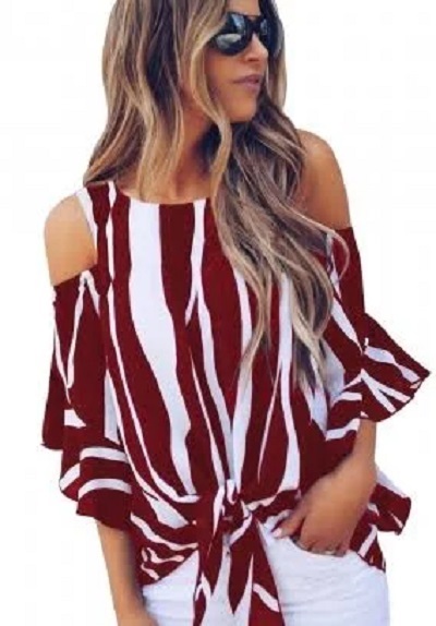 White And Maroon Vertical Stripe Cold Shoulder Top