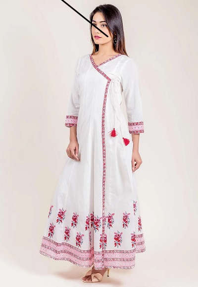 White Flared Angrakha Kurta For Women