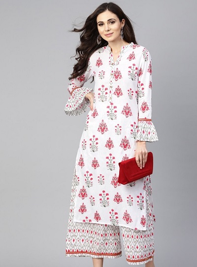 White Straight Fit Bell Sleeves Floral Kurti Palazzo Set