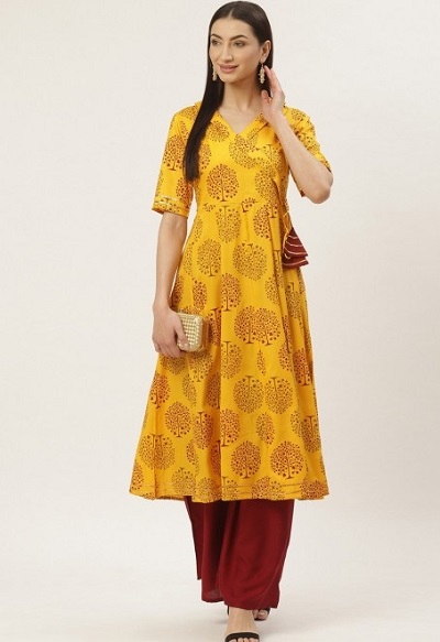 Women's Yellow Printed Angrakha Kurta Pattern