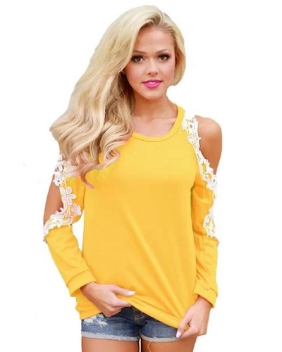 Yellow Lace Fabric Cold Shoulder T-Shirt Style