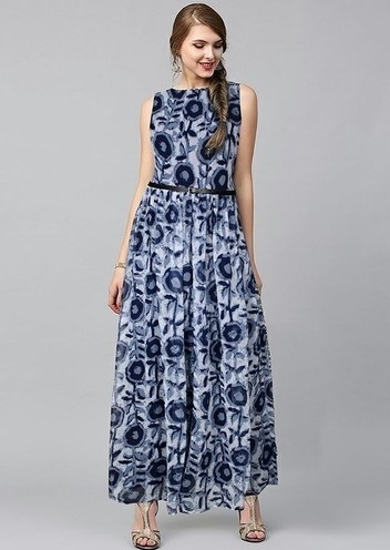 Blue And White Printed Long Frock Dress Design