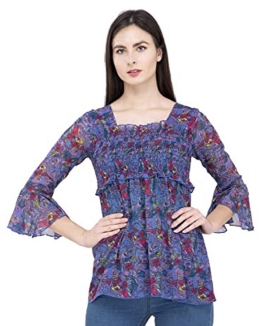 Blue printed floral design chiffon top style