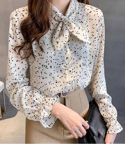 Bow tie style white and black chiffon top design