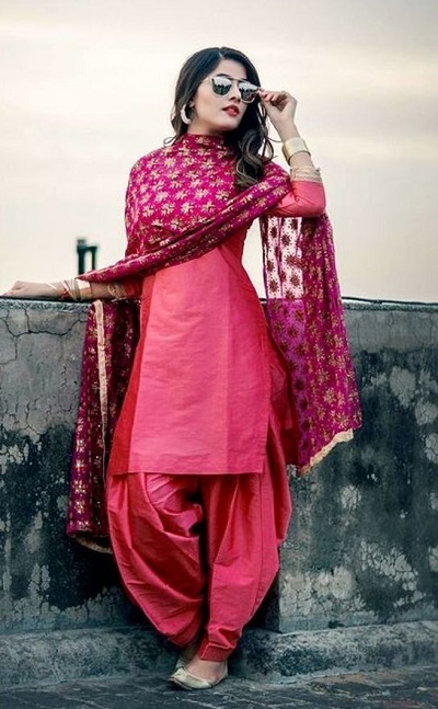 Carrot Pink Punjabi Suit With Phulkari Pink Dupatta