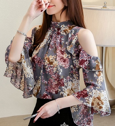 Cold shoulder and ruffled floral printed chiffon top design