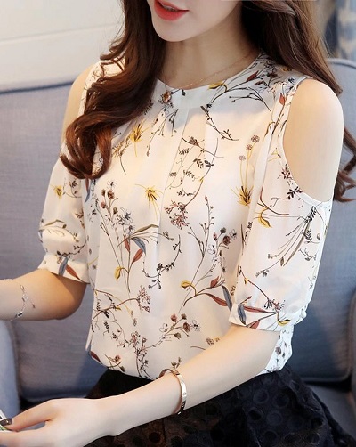 Cold shoulder chiffon top with half sleeves