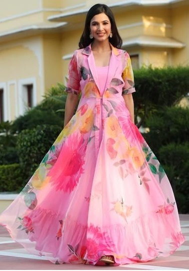 Floral Printed Chiffon Collared Long Frock Design