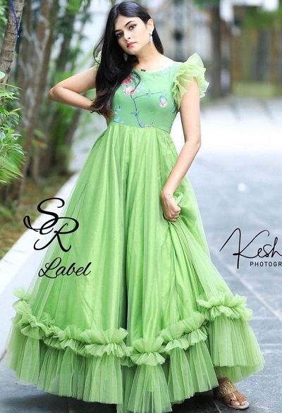 Green Beautiful Net And Silk Fabric Long Frock