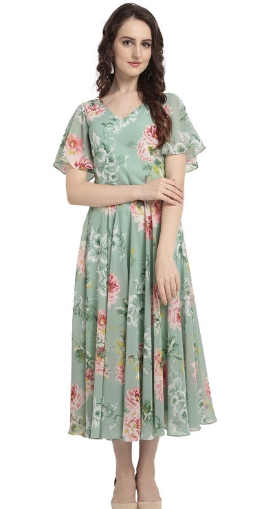 Mint Green Summer Floral Printed Dress Design