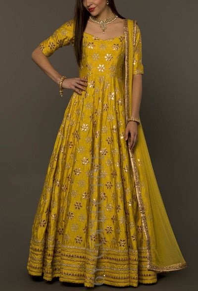 Mirror And Gota Patti Work Mustard Yellow Long Frock Gown