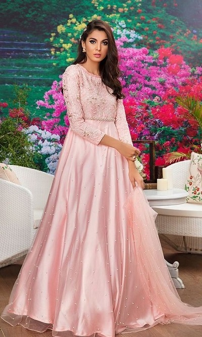 Pastel Pink Net And Satin Long Frock Gown For Parties