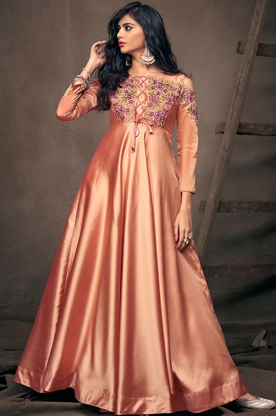 Peach Pink Satin Embroidered Long Frock Gown