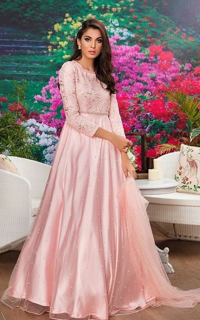 Pink Satin Long Frock Gown For Women
