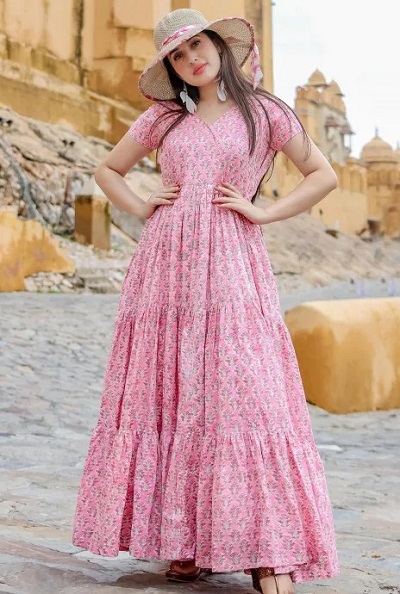 Pink Multi Layered V Neck Line Long Frock For Summers