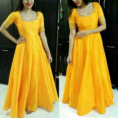 Round Neckline Embellished A Line Long Frock Design