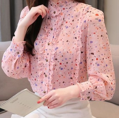 Ruffled button placket and collar style chiffon top design