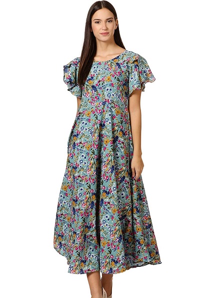 Ruffled Sleeves Printed A-Line Midi Frock Design