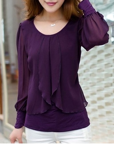 Stylish double layered full sleeves purple chiffon top