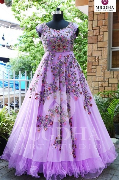 Stylish Embroidered Net And Satin Fabric Long Frock Gown