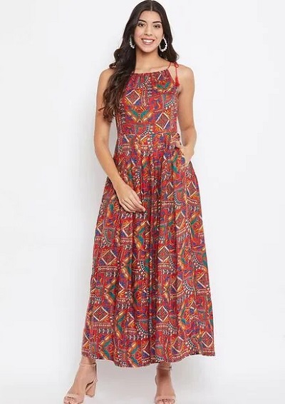 Traditional Printed Long Frock With Shoulder Strap