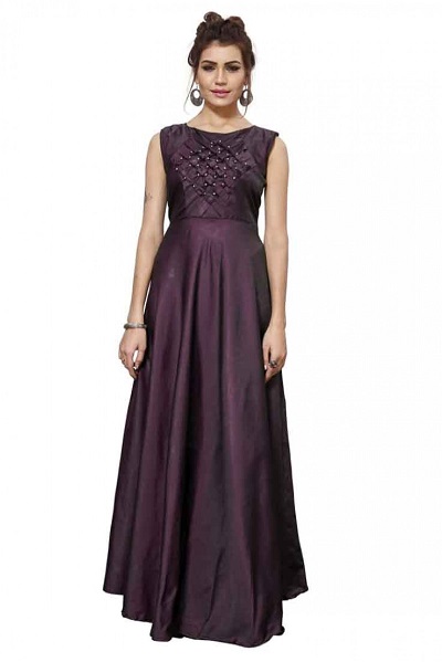 Wine Sleeveless Long Frock Gown For Ladies