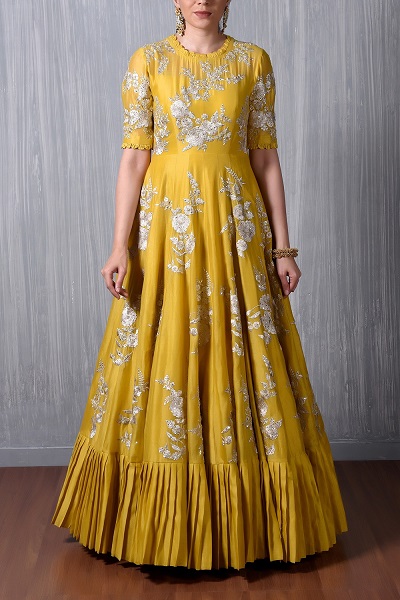 Yellow Embroidered Long Frock Pleated Gown Design
