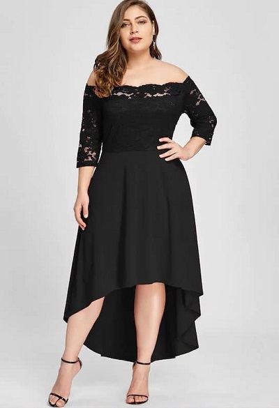 Black Lace Fabric High Low Pattern Dress