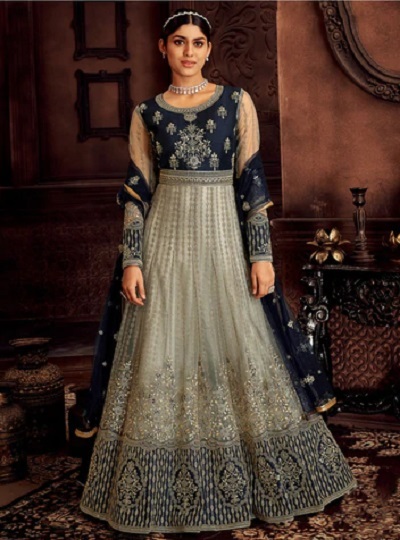 Blue And Silver Net Fabric Gown For Wedding