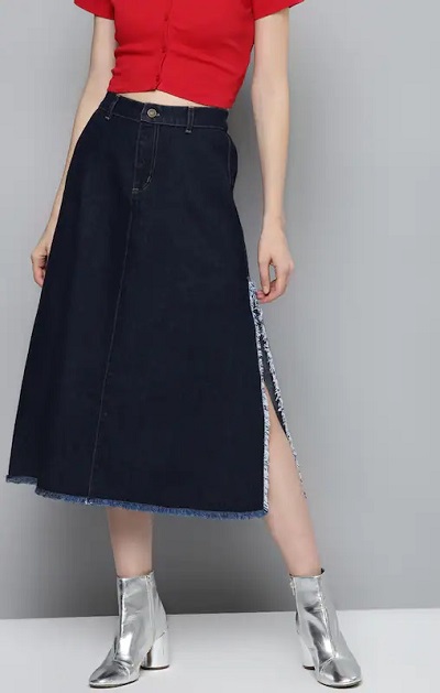Dark Blue Denim Skirt With Side Slit