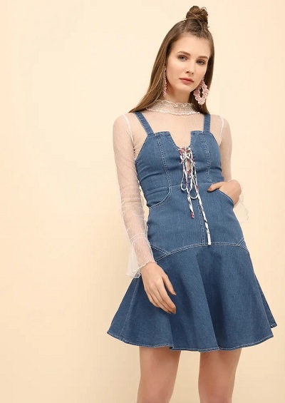 Denim fit and flare style pinafore dress