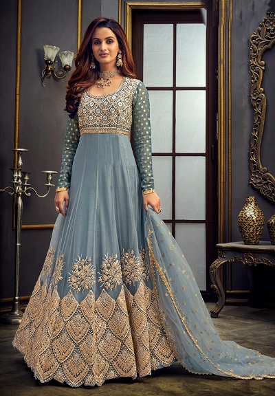 Embroidered Anarkali Style Blue Gown Pattern
