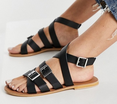 Flat Black Strappy Sandals For Ladies