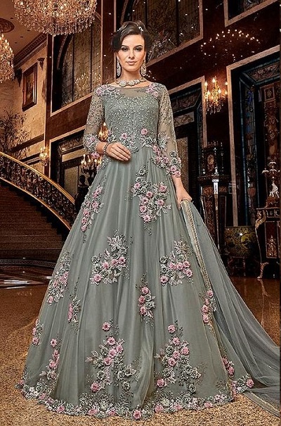 Floral Embroidered Blue Ethnic Gown Style