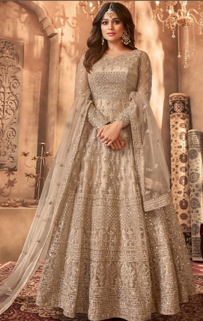 Full Length Beige Stone Studded Anarkali Gown