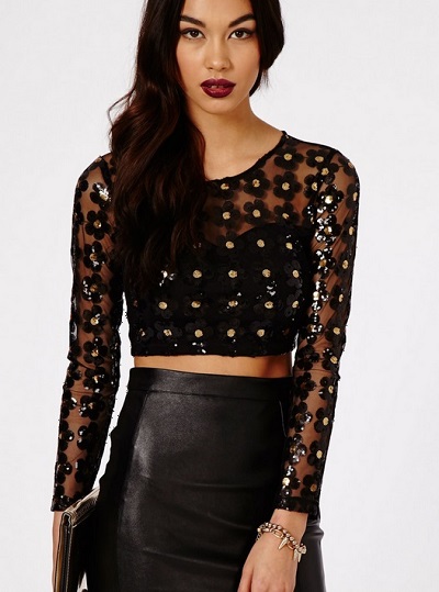 Full sleeves black crop pattern top for parties