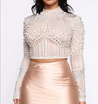 Full sleeves collared Pearl embellished party wear crop top