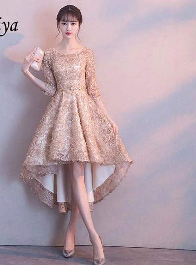 Golden Lace Fabric High Low Pattern Dress Design