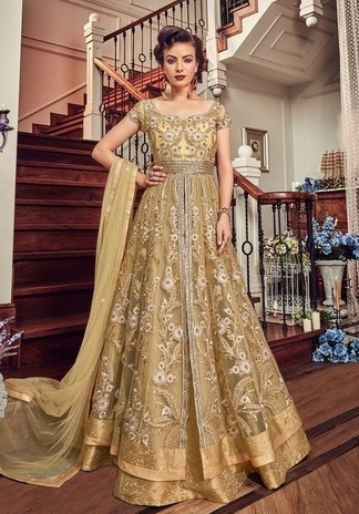 Golden Lehenga Kurti Pattern Gown For Parties