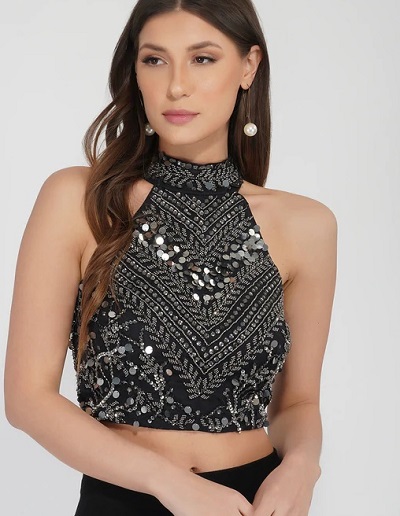 Halter style collared embellished black crop top