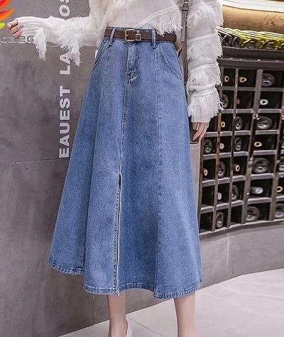 Long A-Line Denim Skirt With Belt