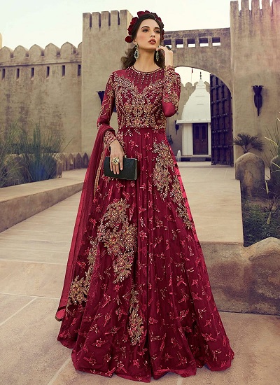 Maroon Heavy Zari Work Embroidered Party Wear Gown