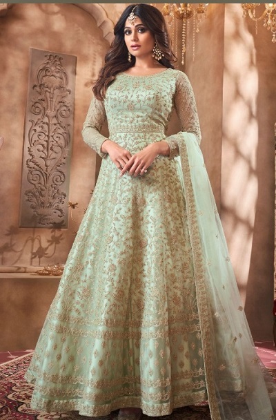 Mint Green Long Stone-Studded Anarkali Gown